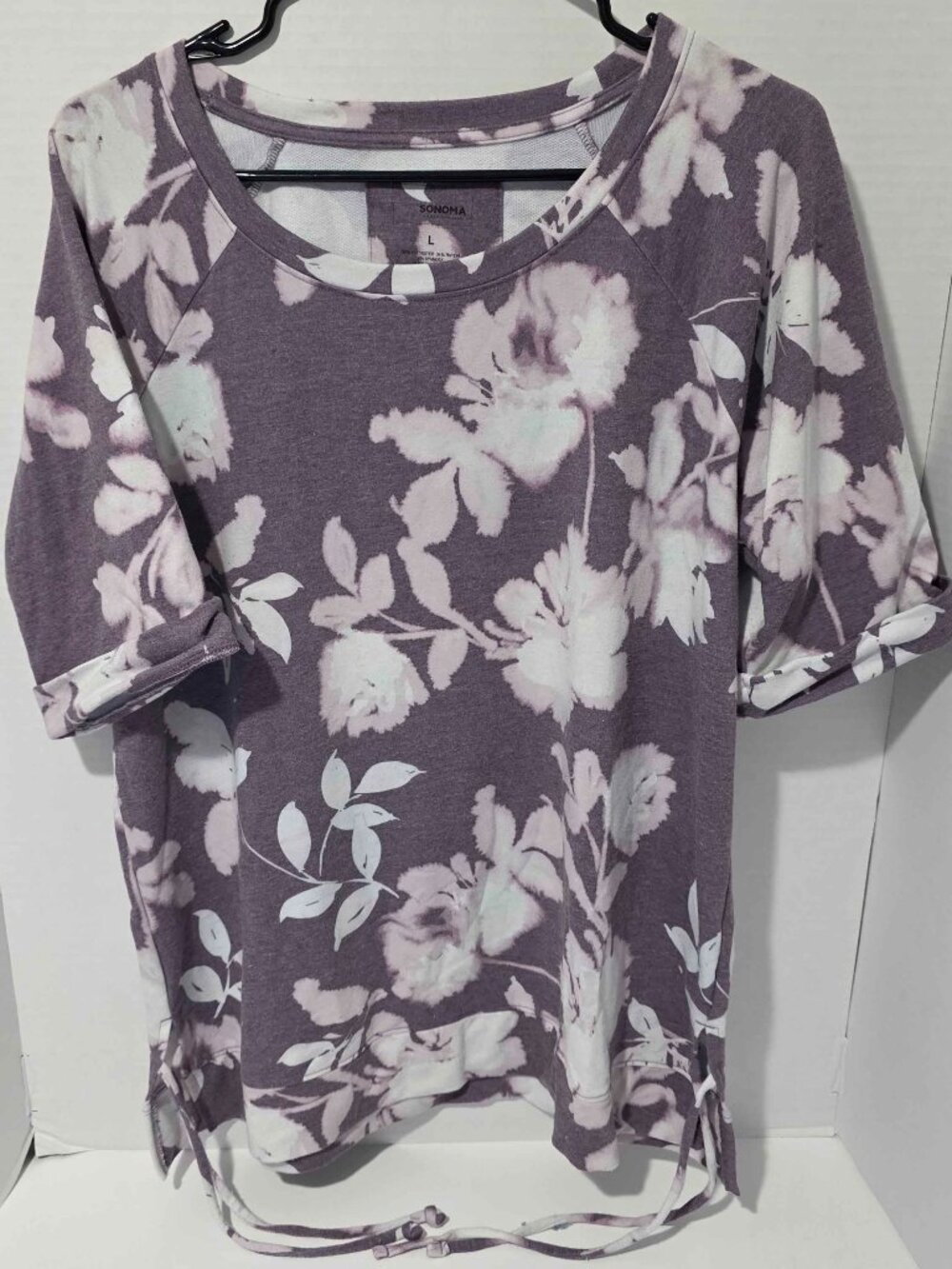 Sonoma Goods For Life Mauve Floral 3/4 Sleeve Top Cinch Hem Women's Size L